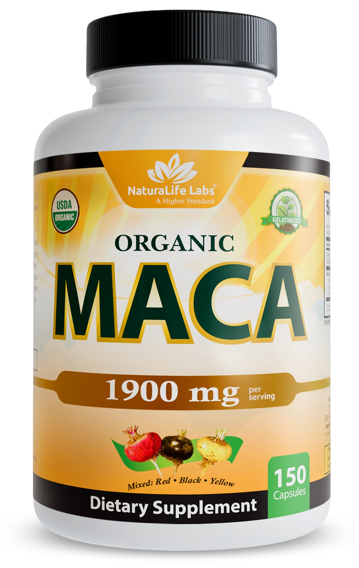 NaturaLife Organic Maca Root bottle showing Black, Red, and Yellow varieties