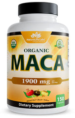 NaturaLife Organic Maca Root bottle showing Black, Red, and Yellow varieties