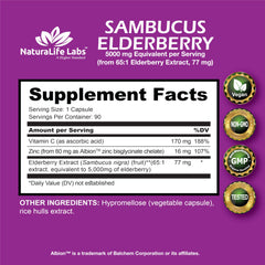 Bottle shot of NaturaLife Sambucus Elderberry 5000 mg 65:1 extract (90 capsules)