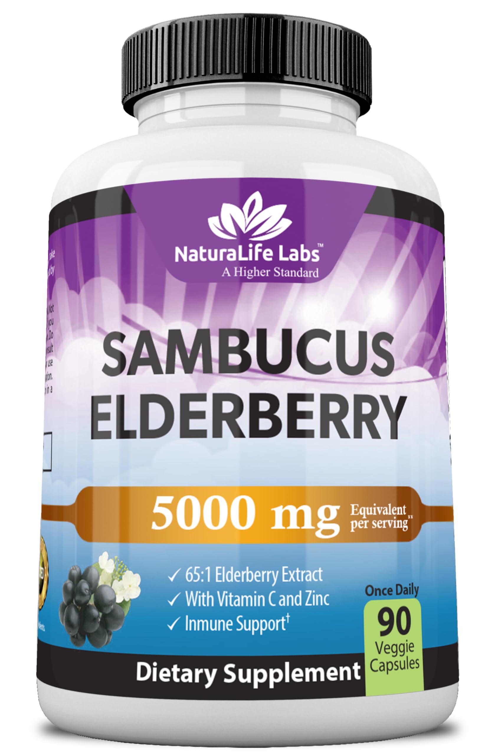 Front view of NaturaLife Sambucus Elderberry 5000 mg 65:1 extract bottle with 90 capsules