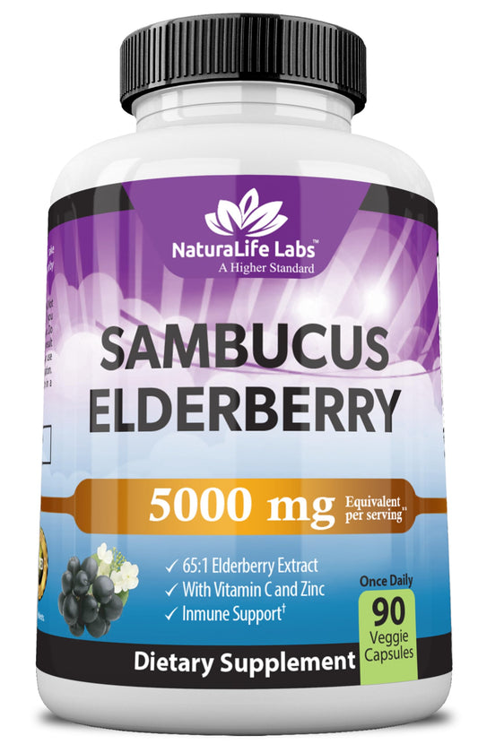 Front view of NaturaLife Sambucus Elderberry 5000 mg 65:1 extract bottle with 90 capsules