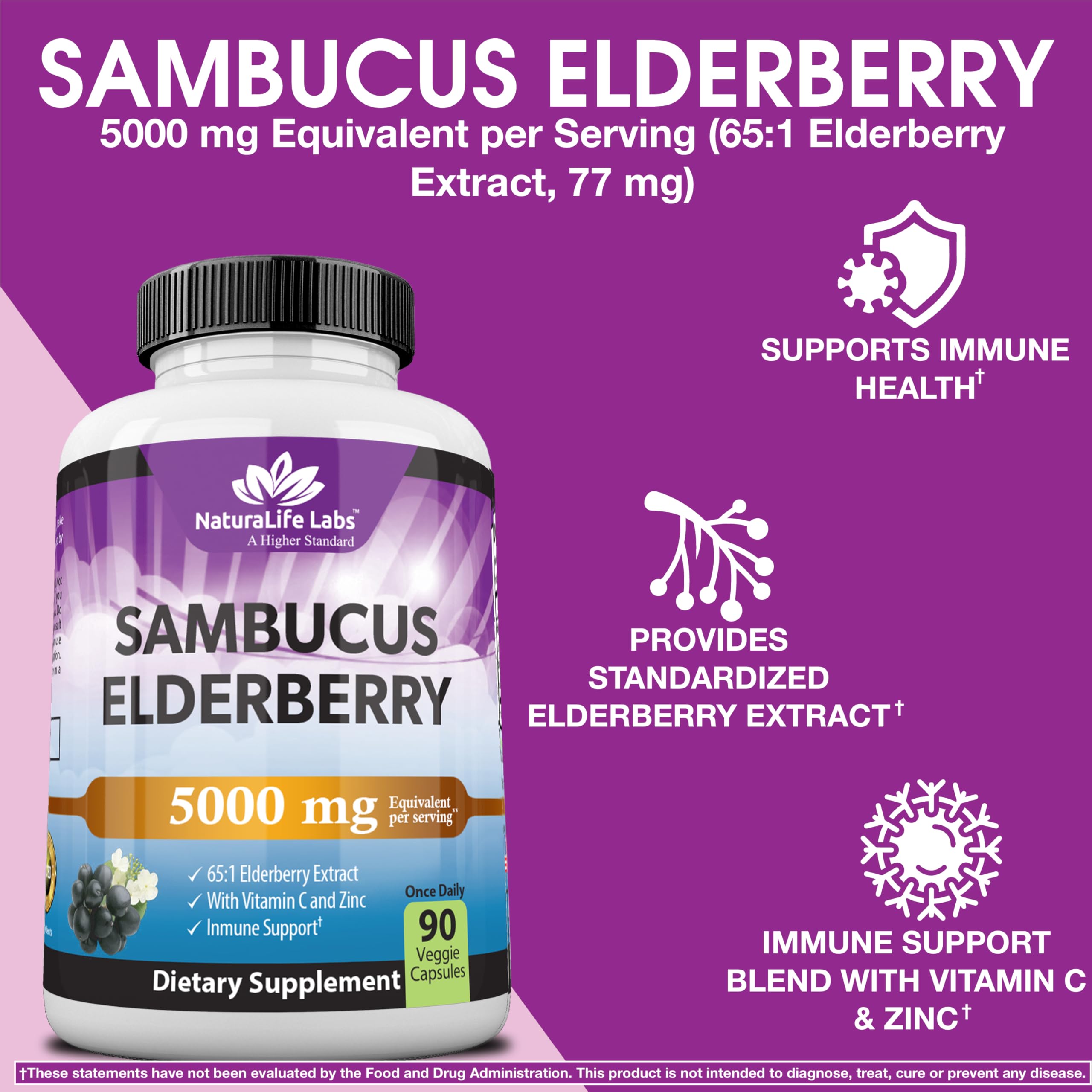 Clean label icons showing vegan, gluten-free, non-GMO for NaturaLife Elderberry