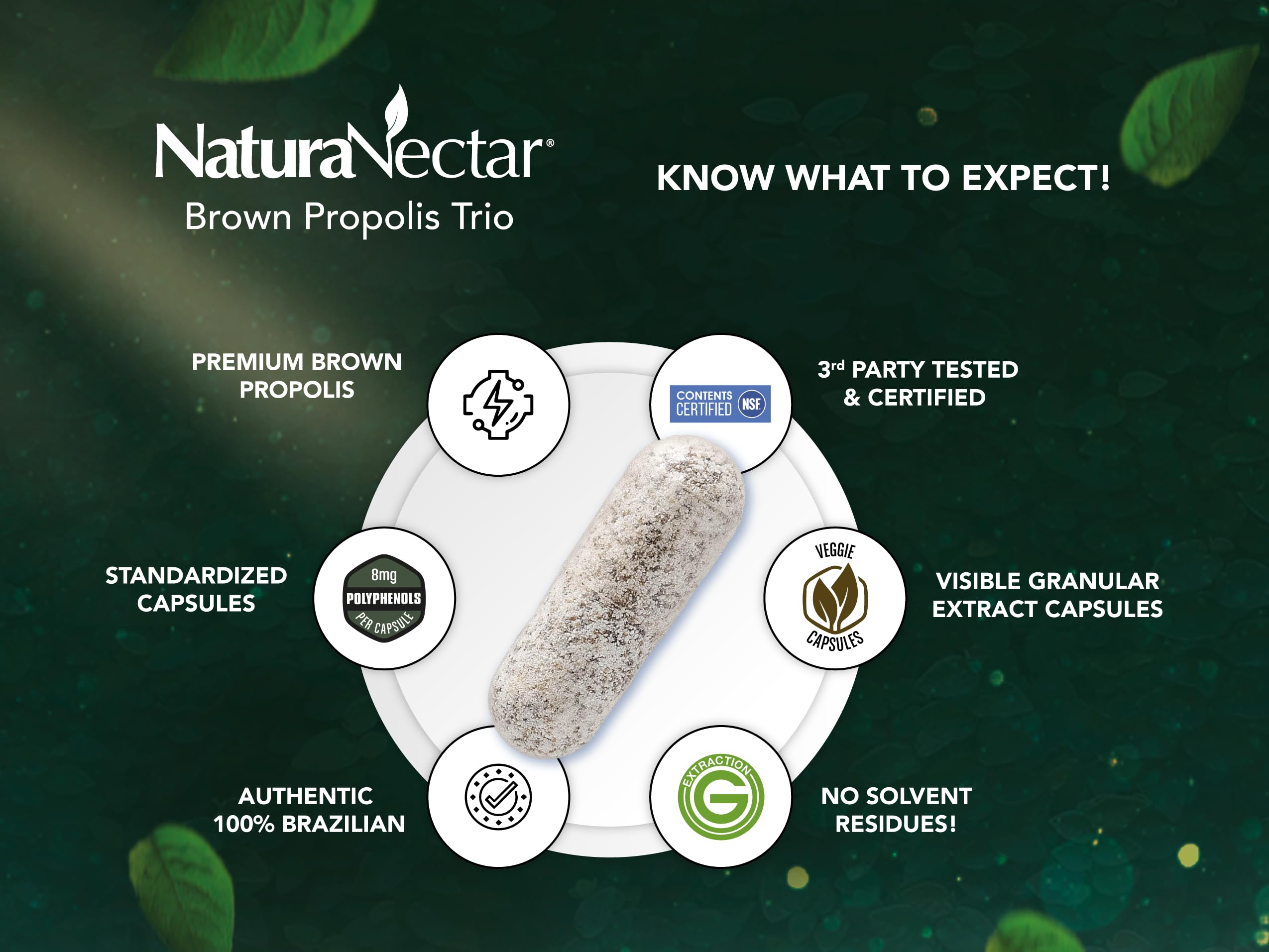 Close-up of NaturaNectar Brown Bee Propolis capsule