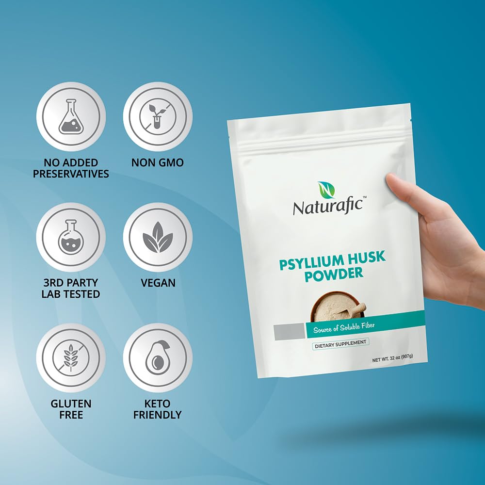 Nutrition facts label for Naturafic Psyllium Husk Powder Unflavored 32oz