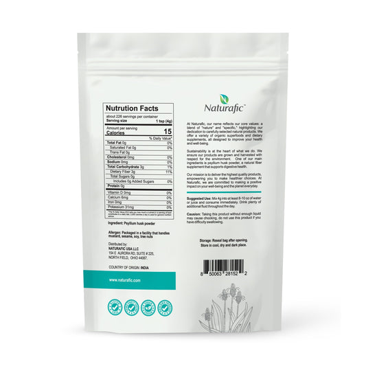 Close-up of Naturafic Psyllium Husk Powder Unflavored 32oz package label