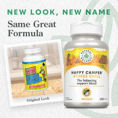 Close-up of herbal ingredients and capsules for Natural Balance Happy Camper Stress Breaker