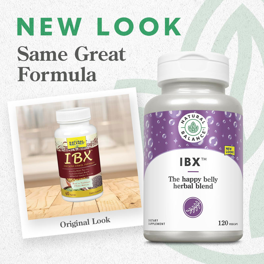 Herbal blend illustration for IBX Soothing Bowel Formula including Rhubarb, Myrobalan, Ginger, Peppermint, Elecampane & Aloe