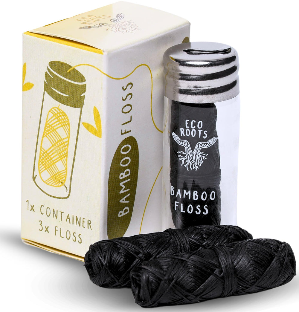 Refillable glass jar with black bamboo floss