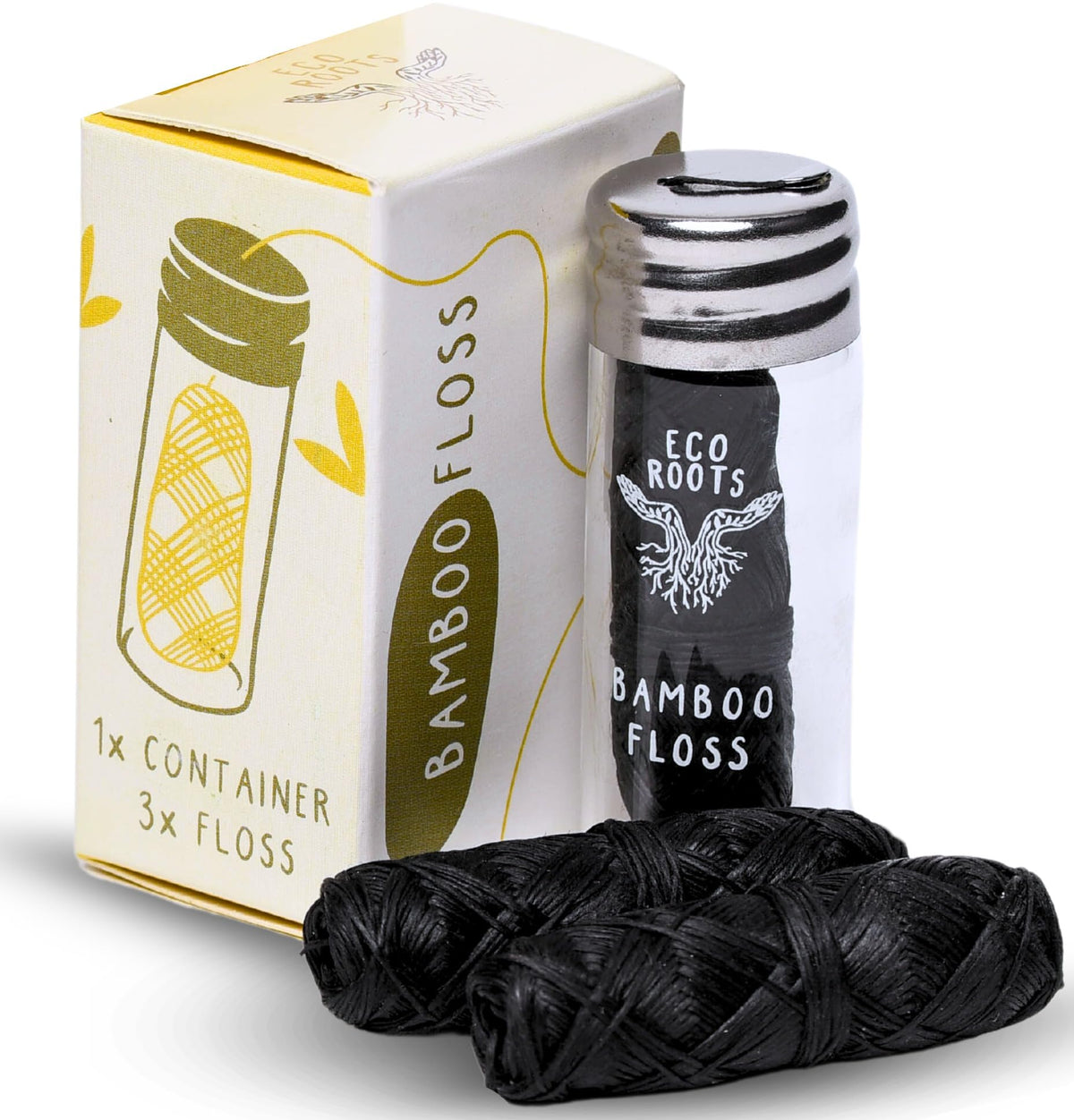 Refillable glass jar with black bamboo floss