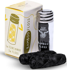 Refillable glass jar with black bamboo floss