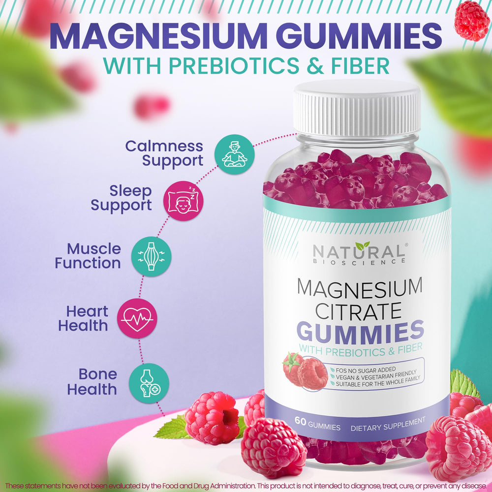 Natural BioScience Sugar-Free Magnesium Gummies bottle closeup highlighting vegan, gluten-free formula