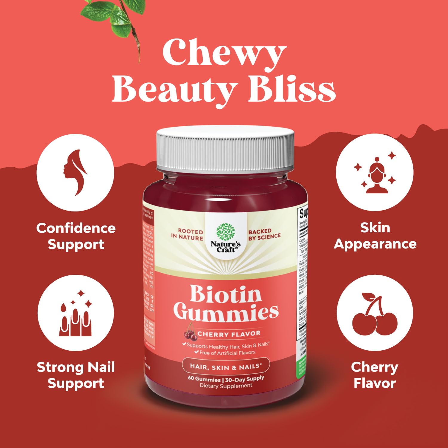 Close-up of Biotin 5000 mcg hair growth gummies with vitamins