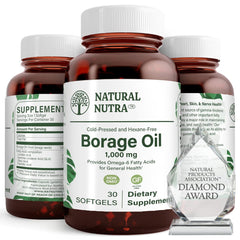 Natural Borage Oil Supplement bottle on amber glass