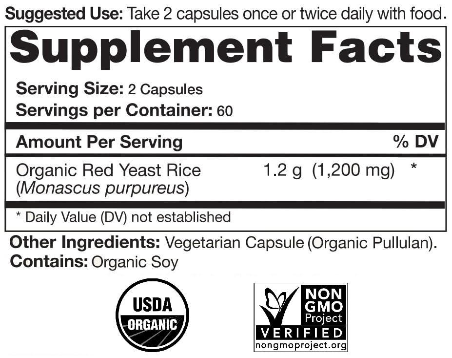Close-up of Organic Red Yeast Rice supplement bottle