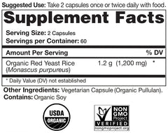 Close-up of Organic Red Yeast Rice supplement bottle