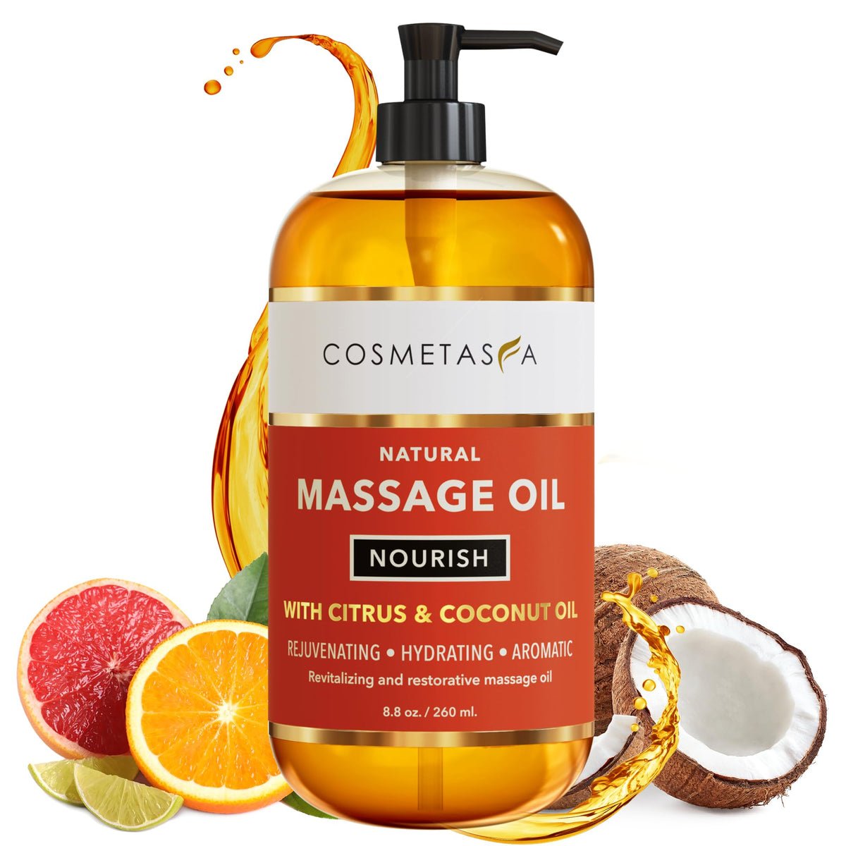 Front view of Natural Citrus & Coconut Massage Oil bottle