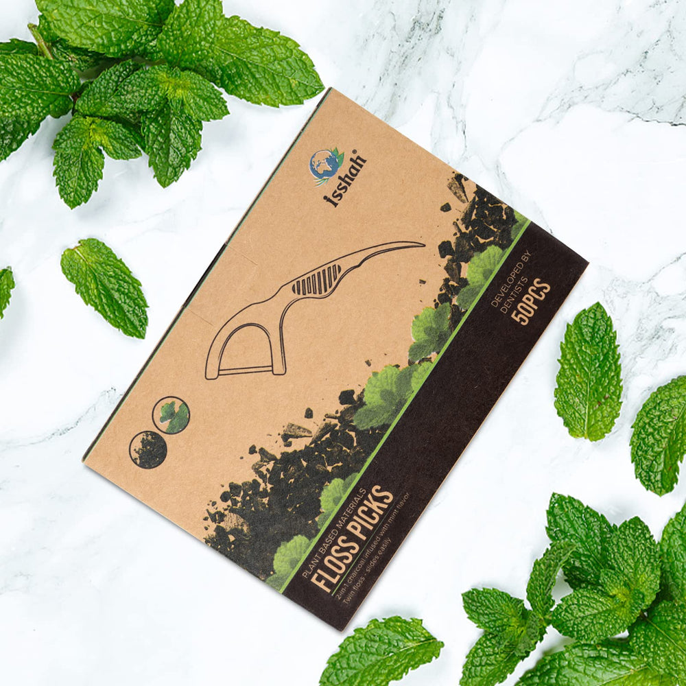 Gum care and oral health messaging with charcoal floss picks