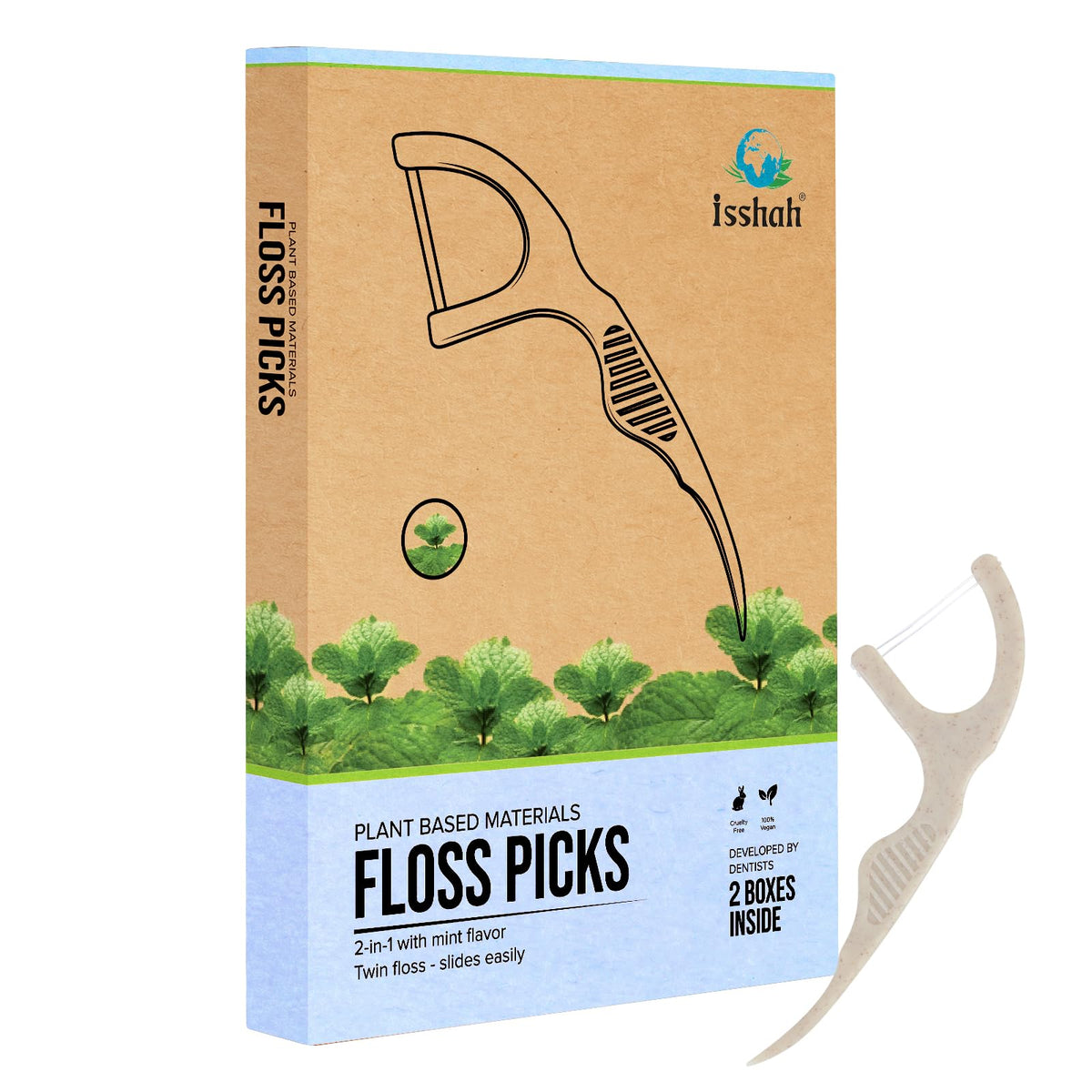 Front view of Natural Dental Floss Picks Mint Twin Floss packaging