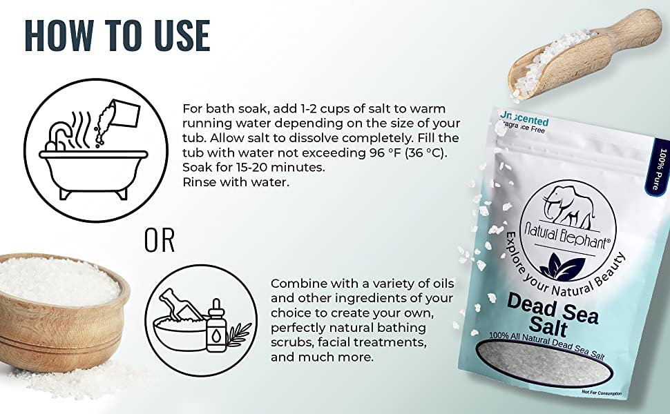 Natural Elephant Dead Sea Salt in a tub promoting a spa-like soak.