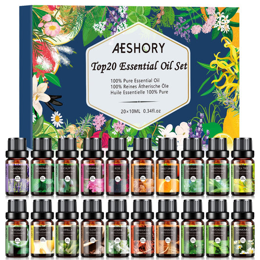 Natural Essential Oils Gift Set packaging with 20 x 10ml bottles