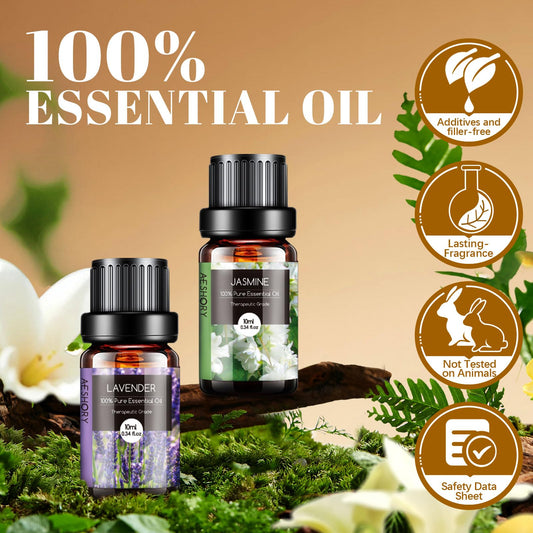 Lavender and Tea Tree essential oils in amber bottles