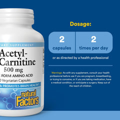 Front view of Natural Factors Acetyl-L-Carnitine 120-capsules bottle