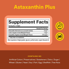 Close-up of ingredients panel highlighting astaxanthin with lutein and zeaxanthin