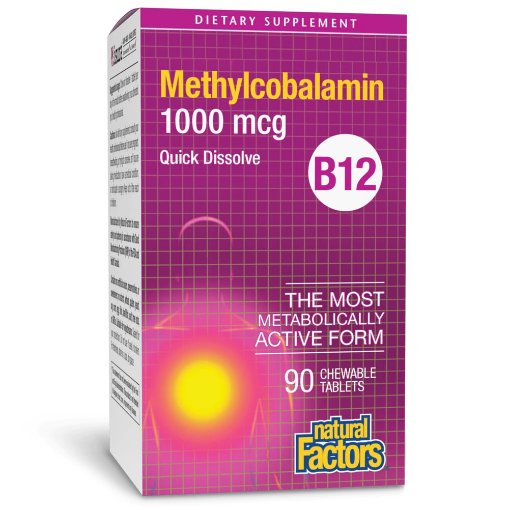 Bottle label for Natural Factors Vitamin B12 Methylcobalamin 1000 mcg cherry chewable