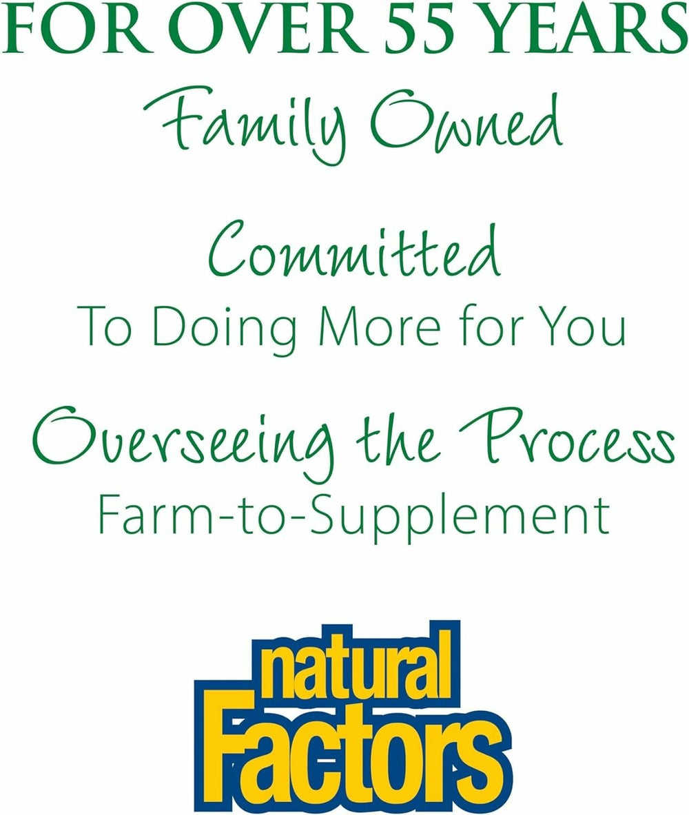 Natural Factors batch label shows nutrition panel for informed use.