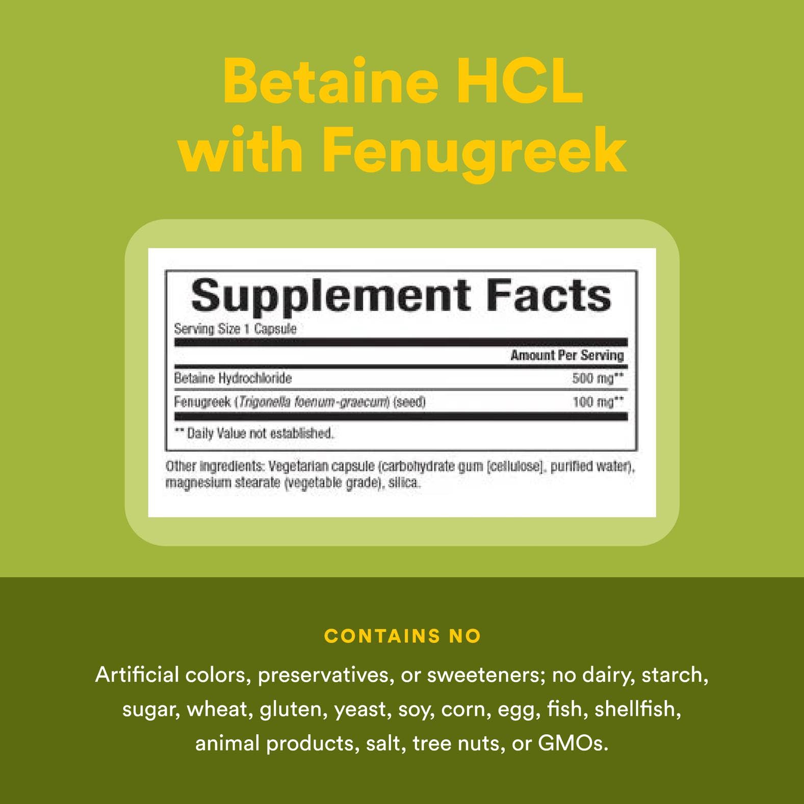 Supplement facts label for Natural Factors Betaine HCl 500 mg