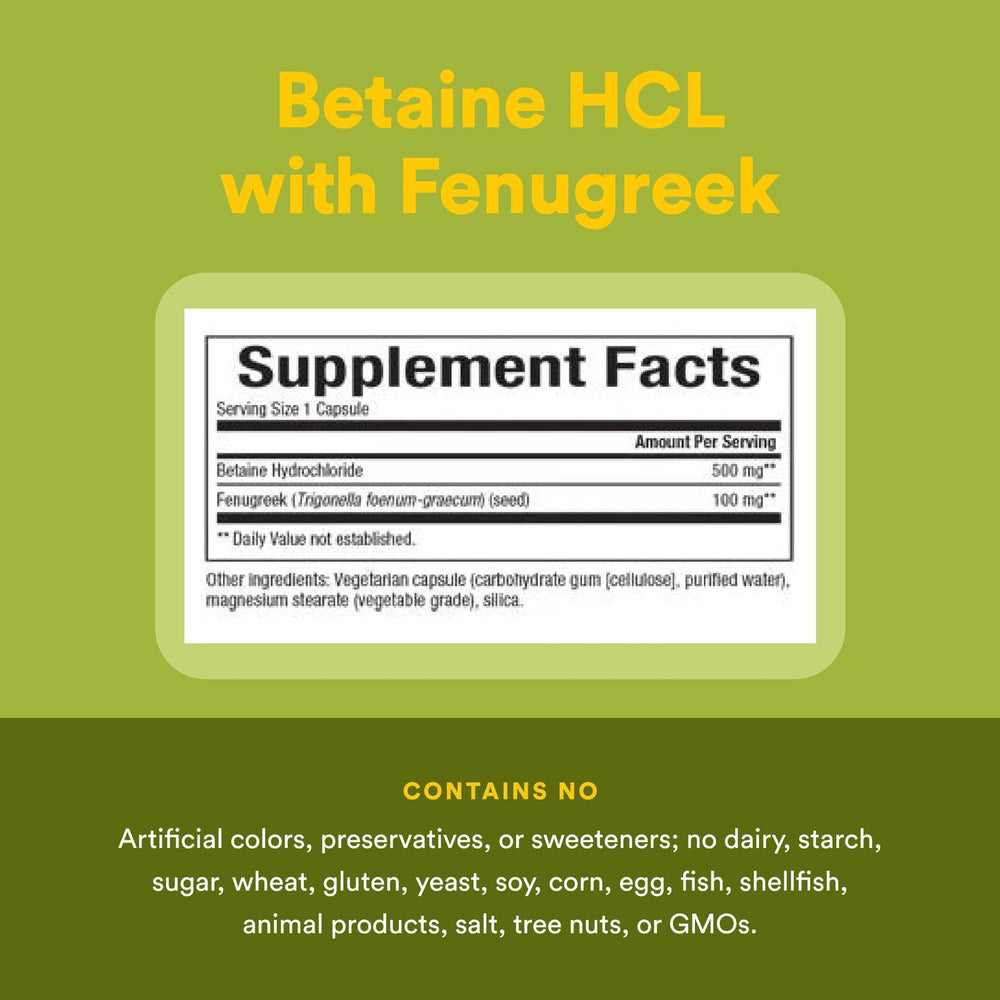 Supplement facts label for Natural Factors Betaine HCl 500 mg