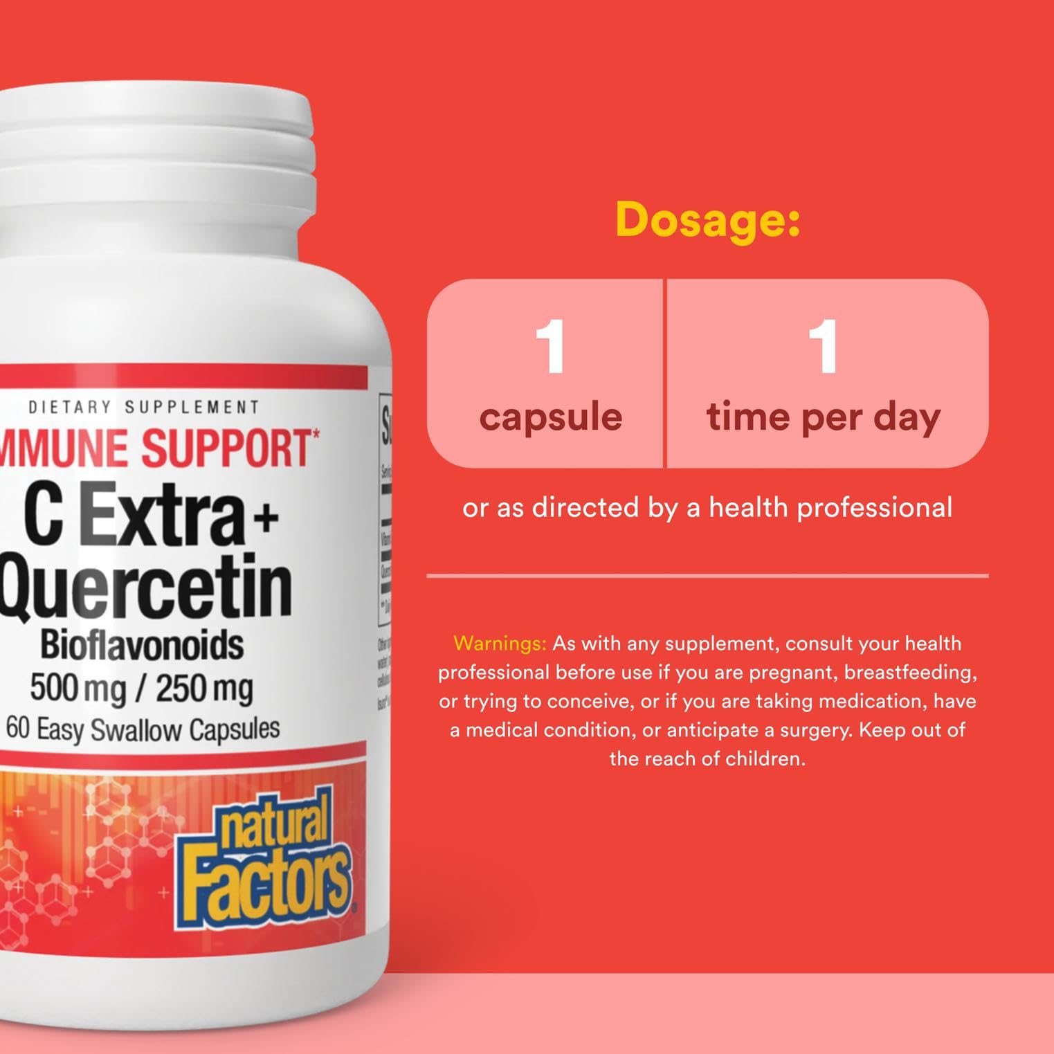 Ingredient panel showing 500 mg vitamin C and 250 mg quercetin