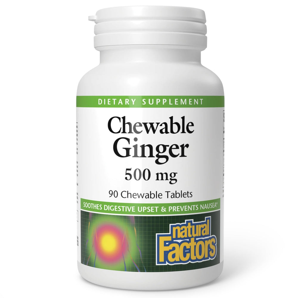 Natural Factors Chewable Ginger 500 mg bottle and tablets