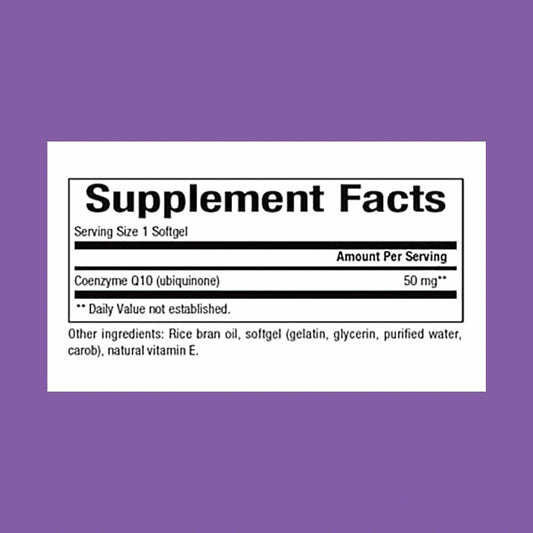 Front label of Natural Factors CoQ10 50 mg 60 softgels