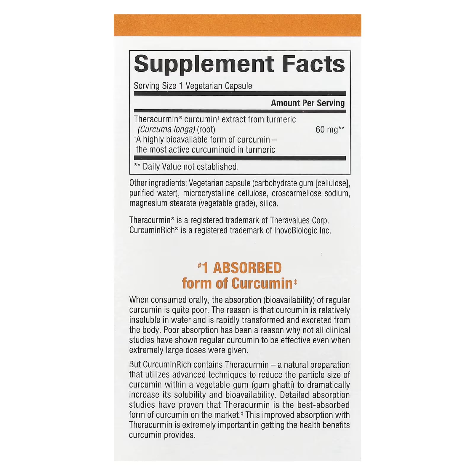 Close-up of CurcuminRich Theracurmin 60 mg capsules