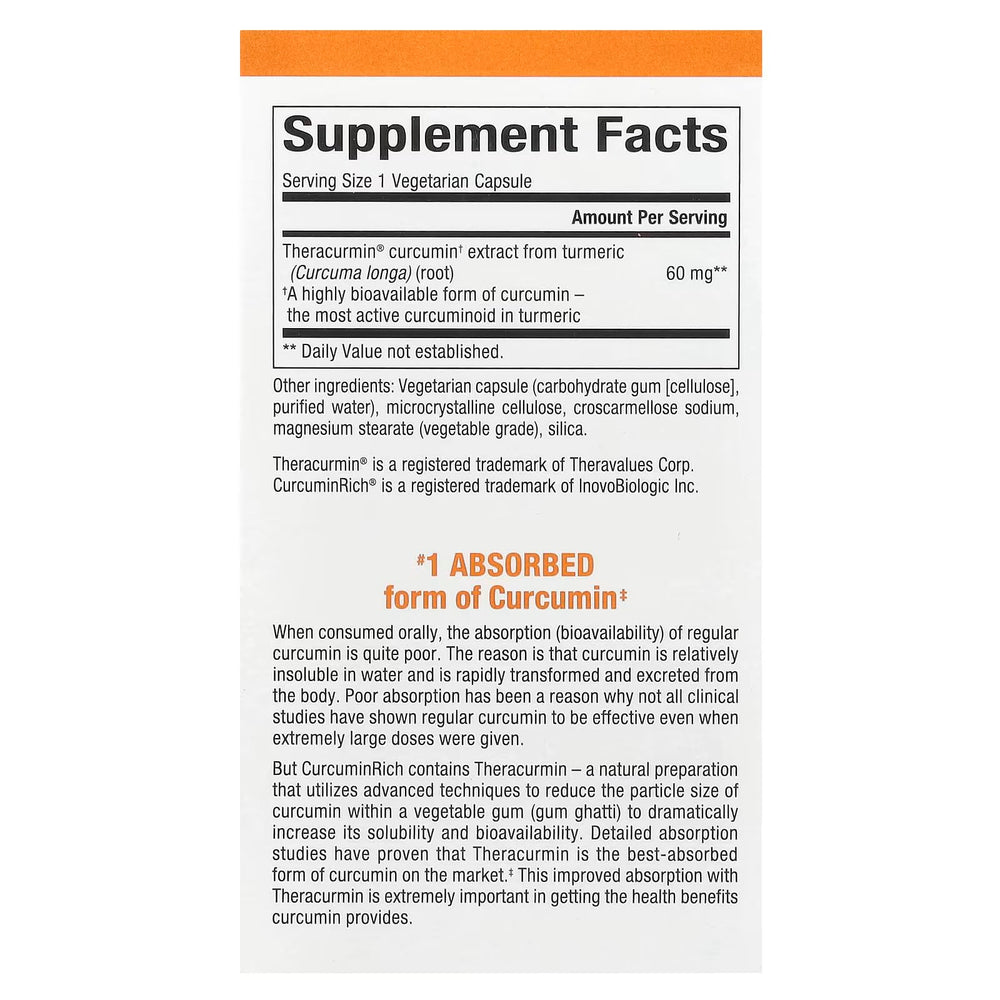 Close-up of CurcuminRich Theracurmin 60 mg capsules