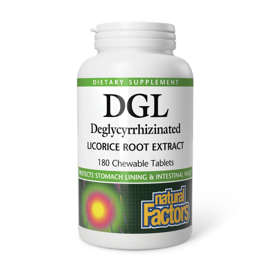Bottle of Natural Factors DGL Chewable 180 tablets with label