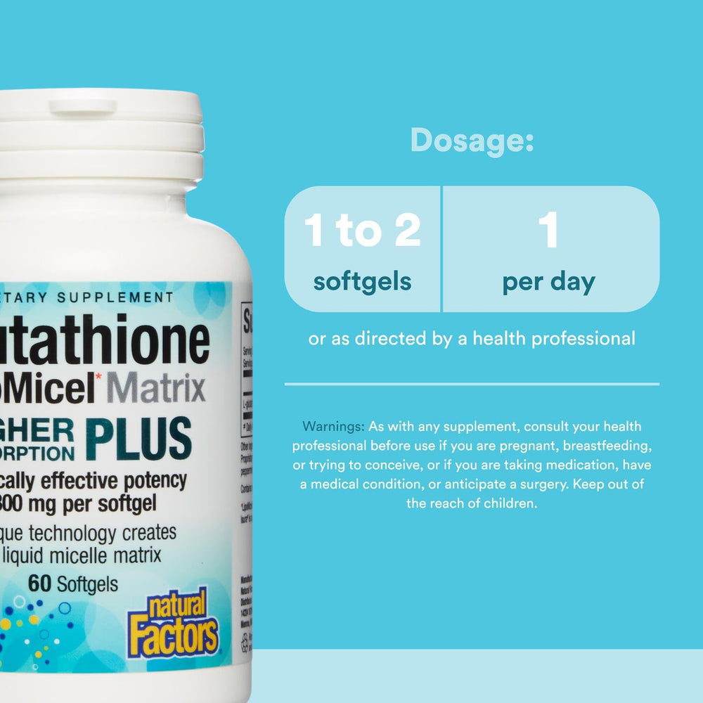 Supplement facts panel showing 300 mg glutathione per softgel