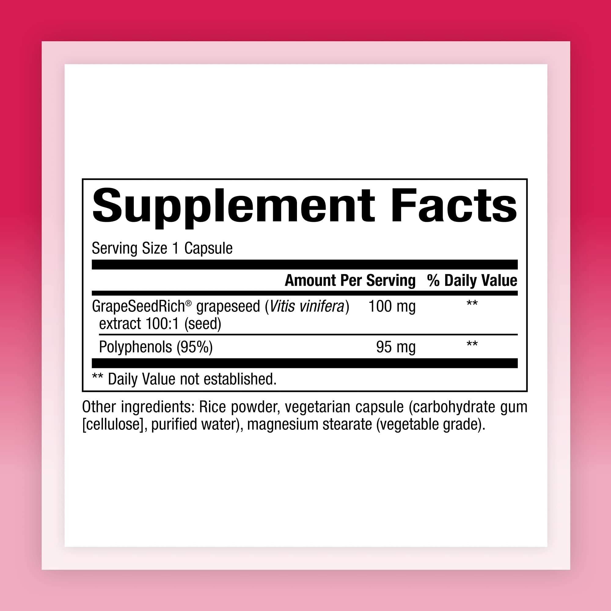 Close-up of Grape Seed Extract bottle label showing 100 mg per capsule