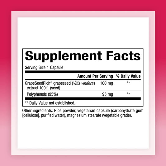 Close-up of Grape Seed Extract bottle label showing 100 mg per capsule