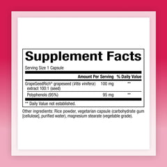 Close-up of Grape Seed Extract bottle label showing 100 mg per capsule