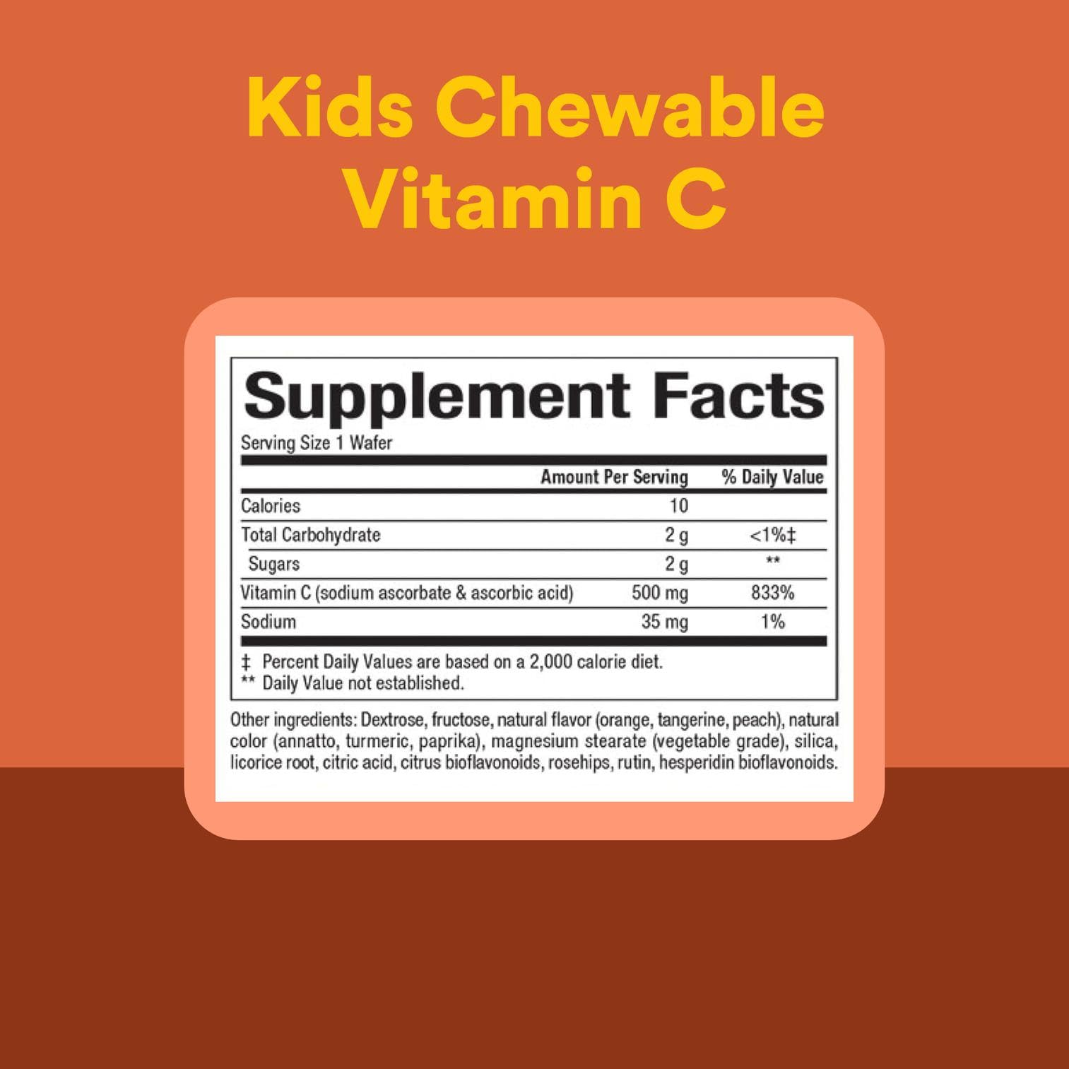 Vitamin C bottle label highlighting 500 mg per wafer