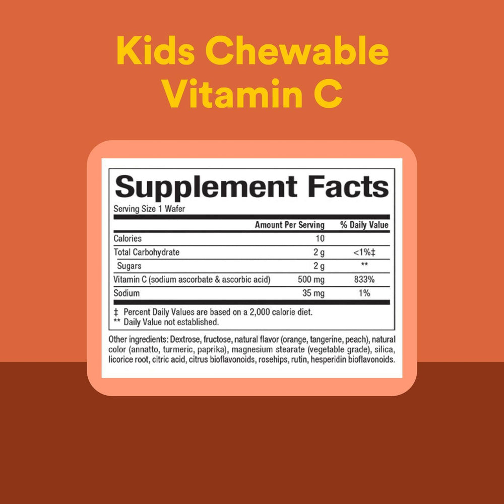 Vitamin C bottle label highlighting 500 mg per wafer