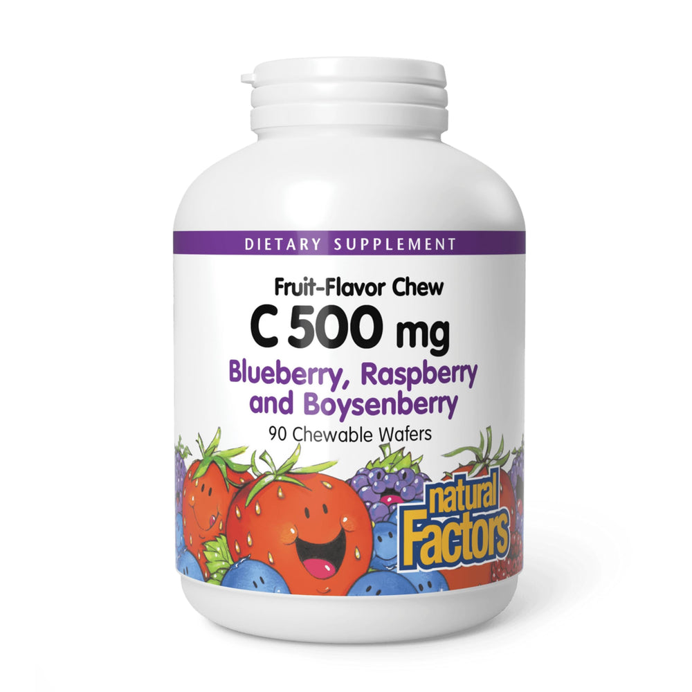 Bottle of Natural Factors Kids Vitamin C 500 mg with Blueberry, Raspberry and Boysenberry flavor