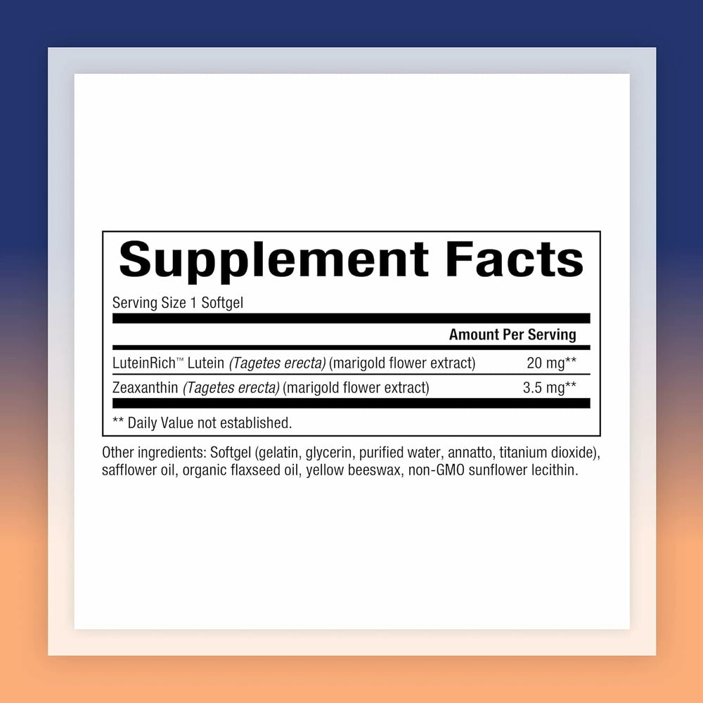 Lutein 20mg soft gel capsules on white background