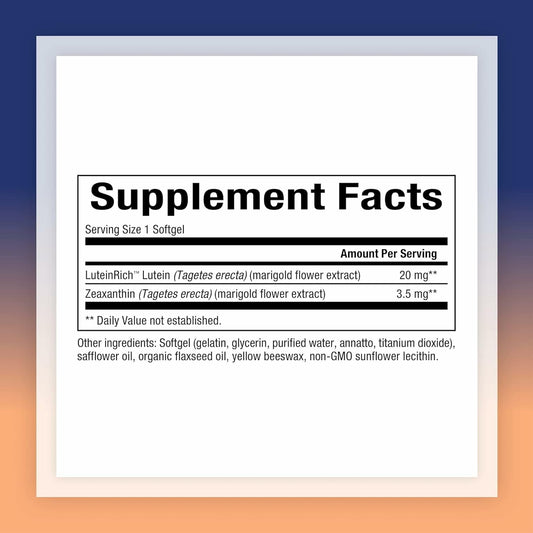 Lutein 20mg soft gel capsules on white background