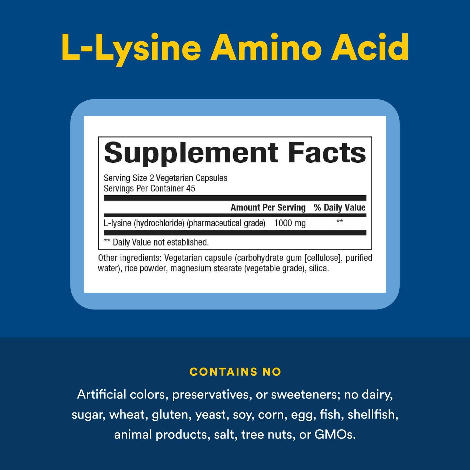 Back label with ingredients and details for Natural Factors L-Lysine