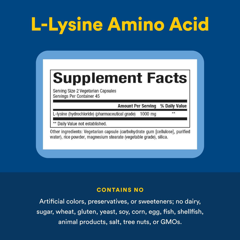 Back label with ingredients and details for Natural Factors L-Lysine