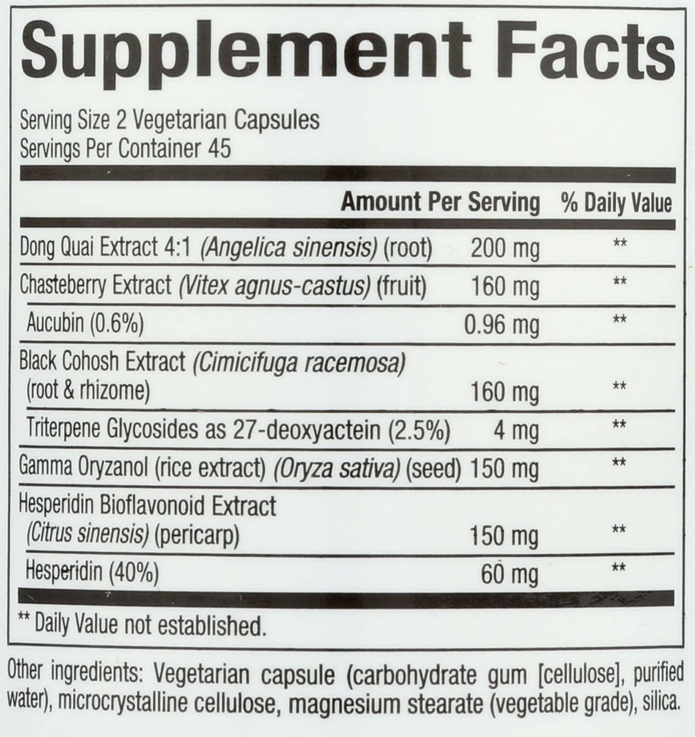 Natural Factors MenoSense label close-up showing no artificial ingredients