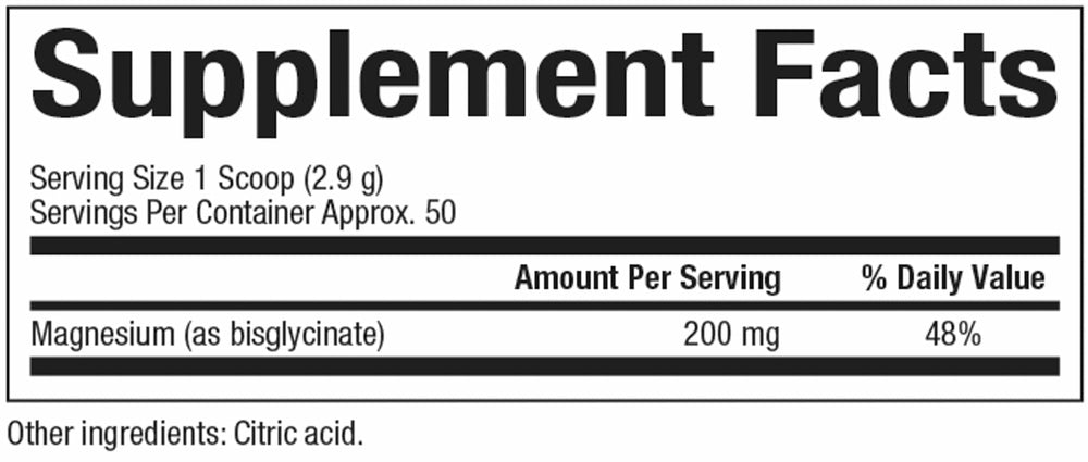 Back nutrition label for Natural Factors Magnesium Bisglycinate Powder